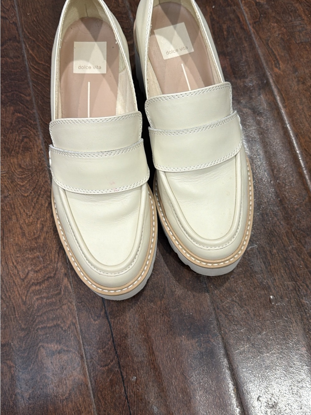 Dolce Vita Cream Leather Penny Loafers with Tan Trim